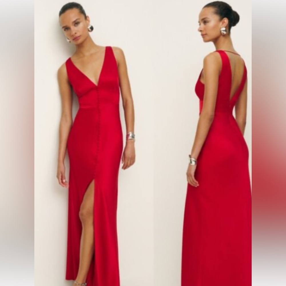 Reformation Red V-Neck Slit Gown